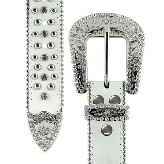 Western Cross Symbol White Strap Studded Rhinestone Belt