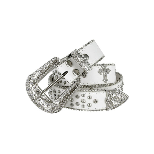 Western Cross Symbol White Strap Studded Rhinestone Belt