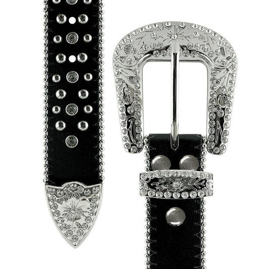 Western Cross Symbol Black Strap Studded Rhinestone Belt