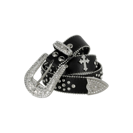 Western Cross Symbol Black Strap Studded Rhinestone Belt